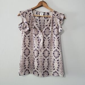 Cabi Stevie Beige/Blue Print Flutter Sleeve Top